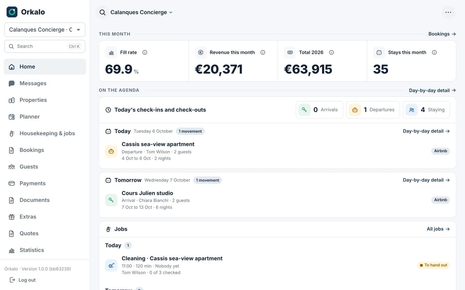 Orkalo dashboard: occupancy, monthly revenue and today’s movements