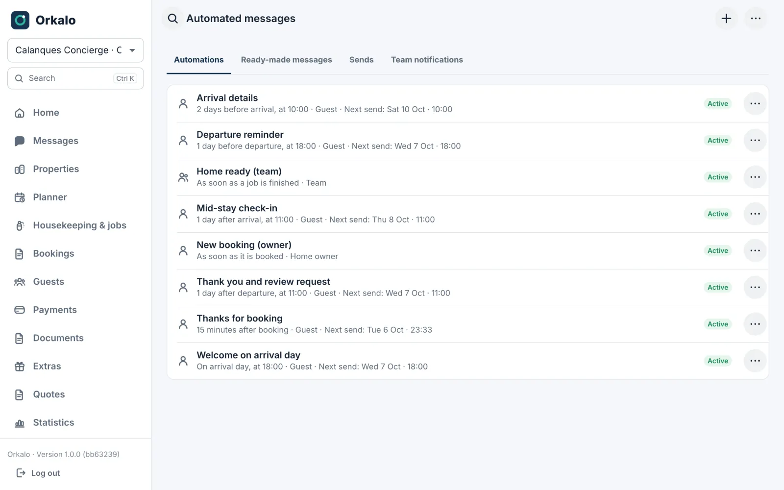 Active automated messages: arrival, welcome, check-out, review