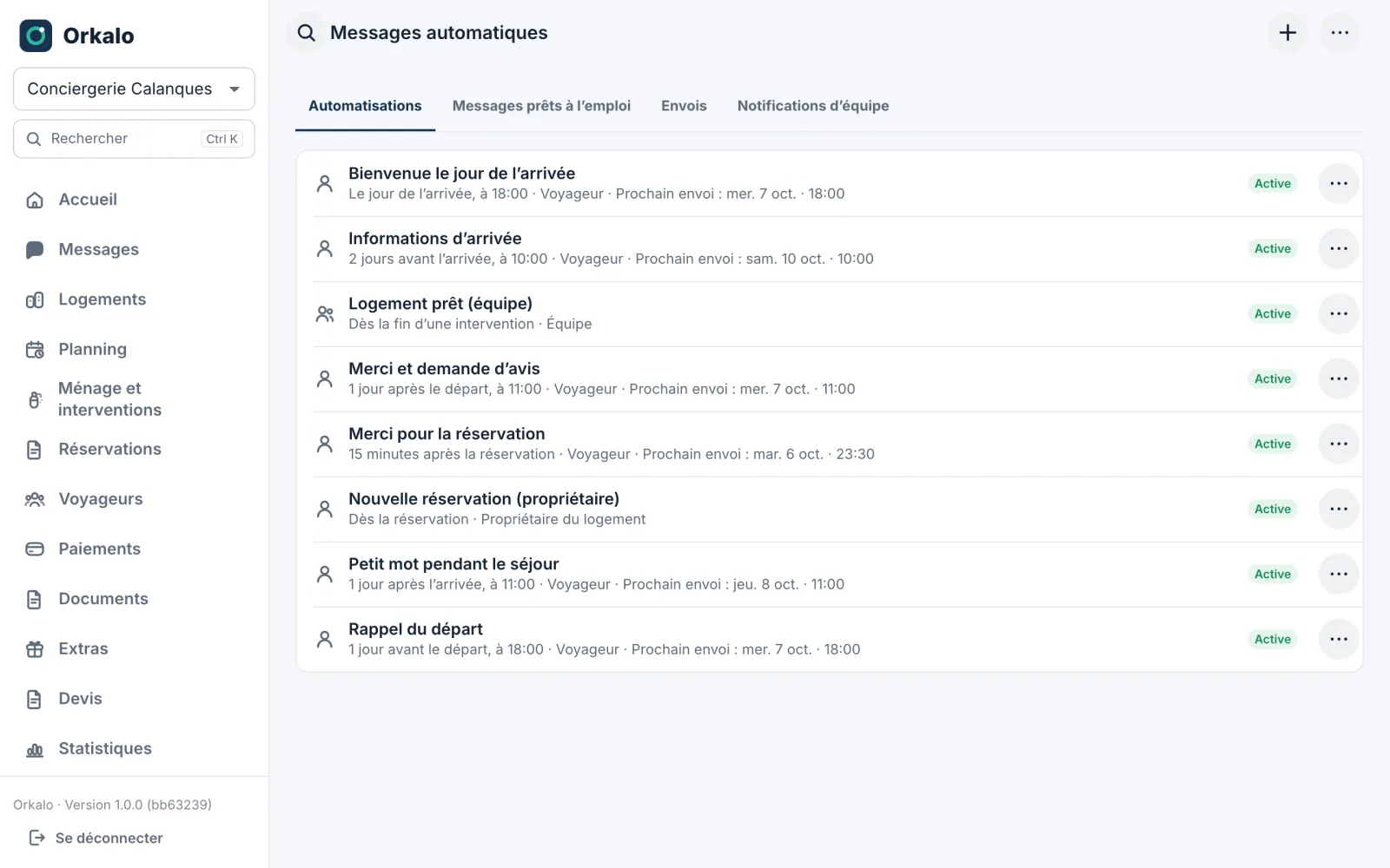 Messages automatiques actifs : arrivée, bienvenue, départ, avis