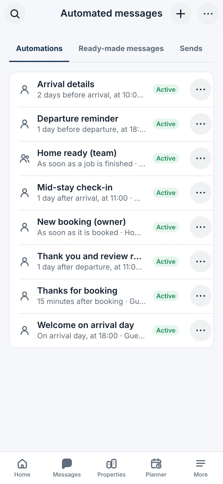 Active automated messages: arrival, welcome, check-out, review