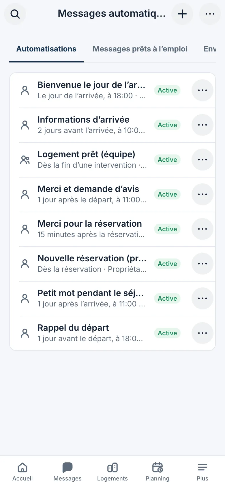 Messages automatiques actifs : arrivée, bienvenue, départ, avis