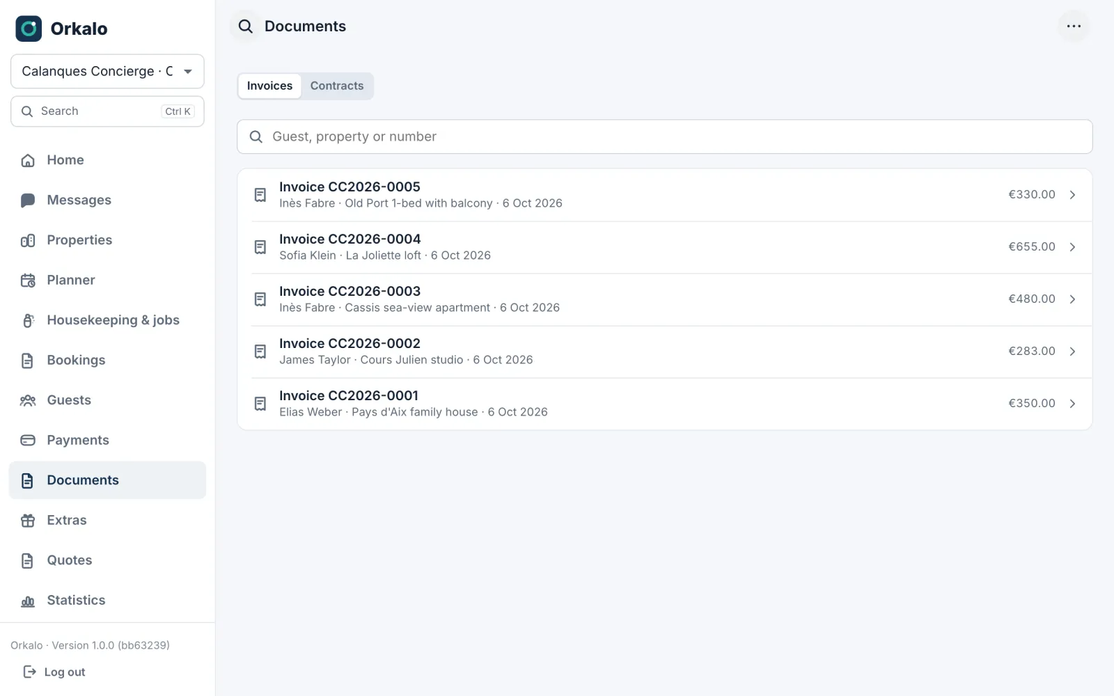 List of issued invoices