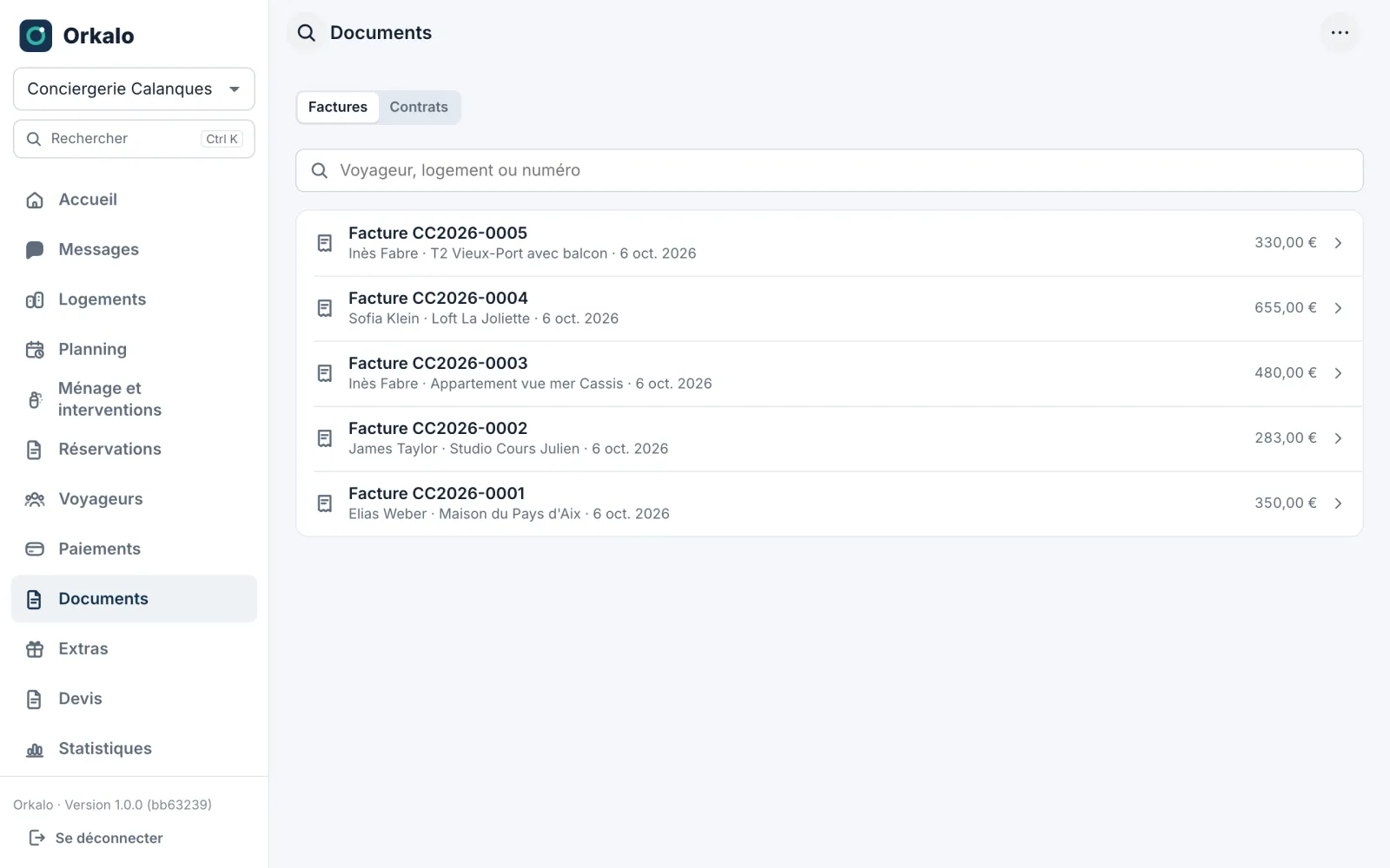 Liste des factures émises