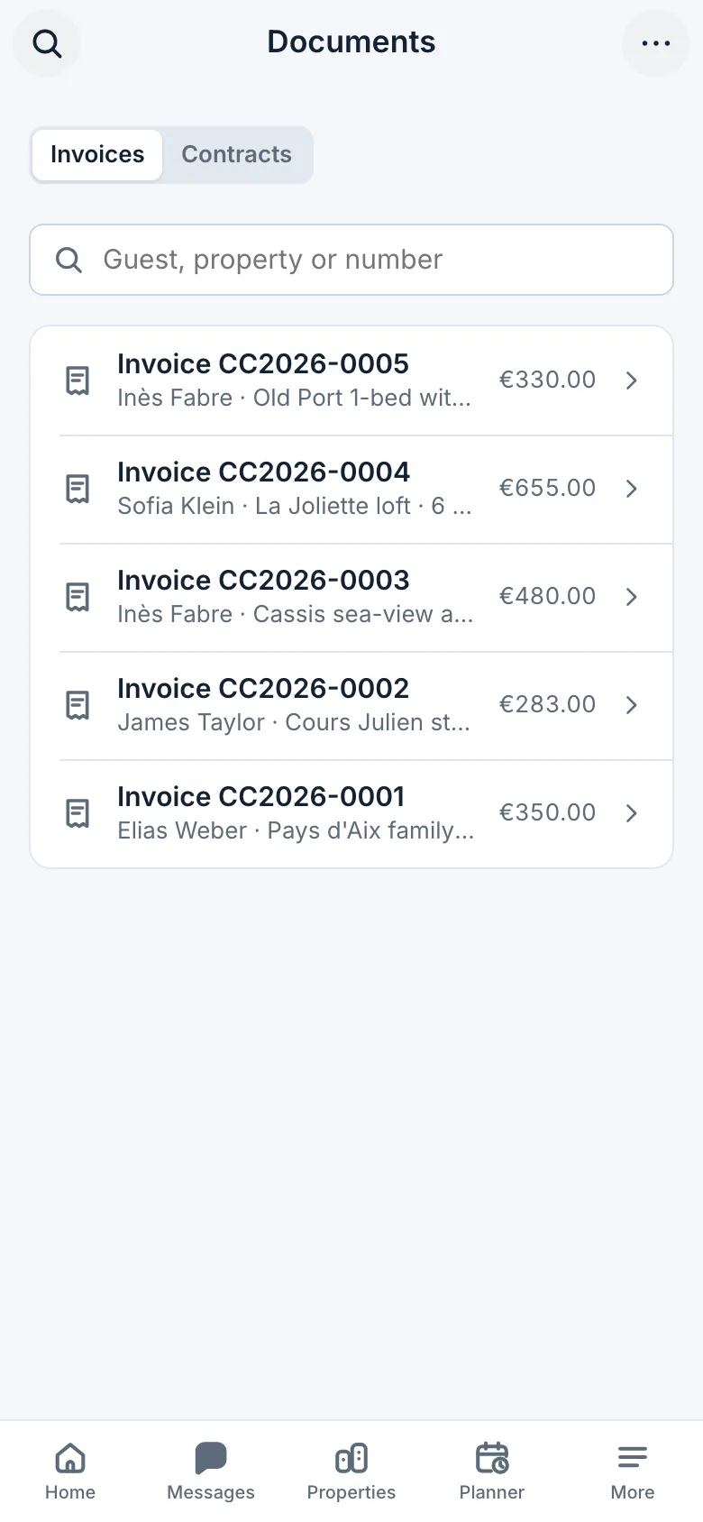 List of issued invoices