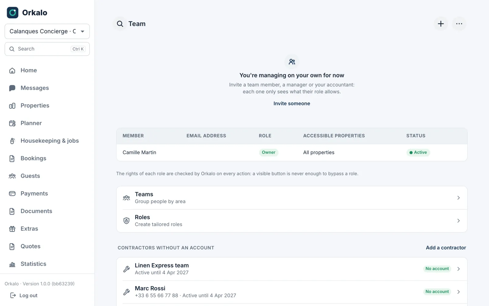 Team screen: members, roles and providers without an account