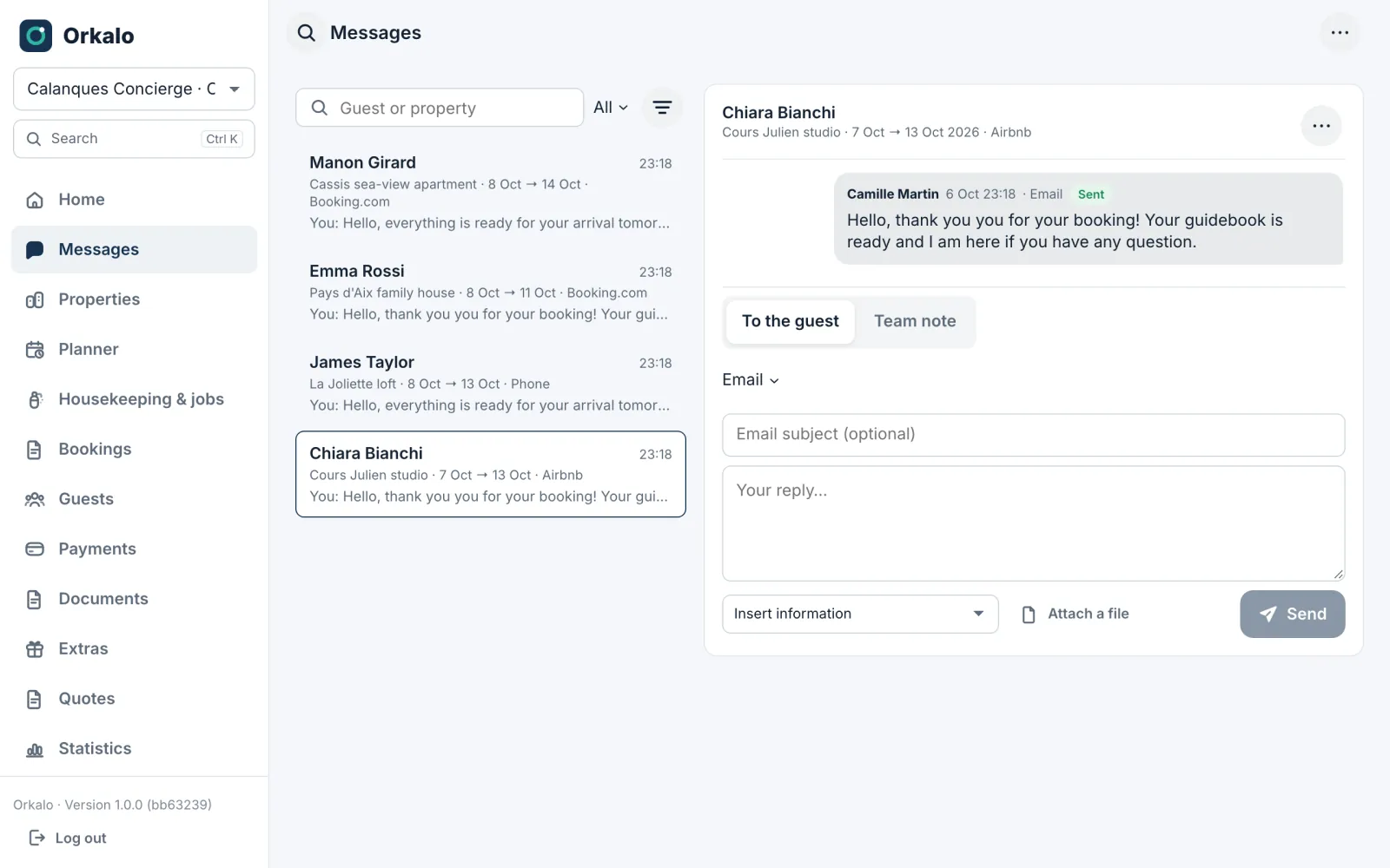 Orkalo messaging: conversations with guests