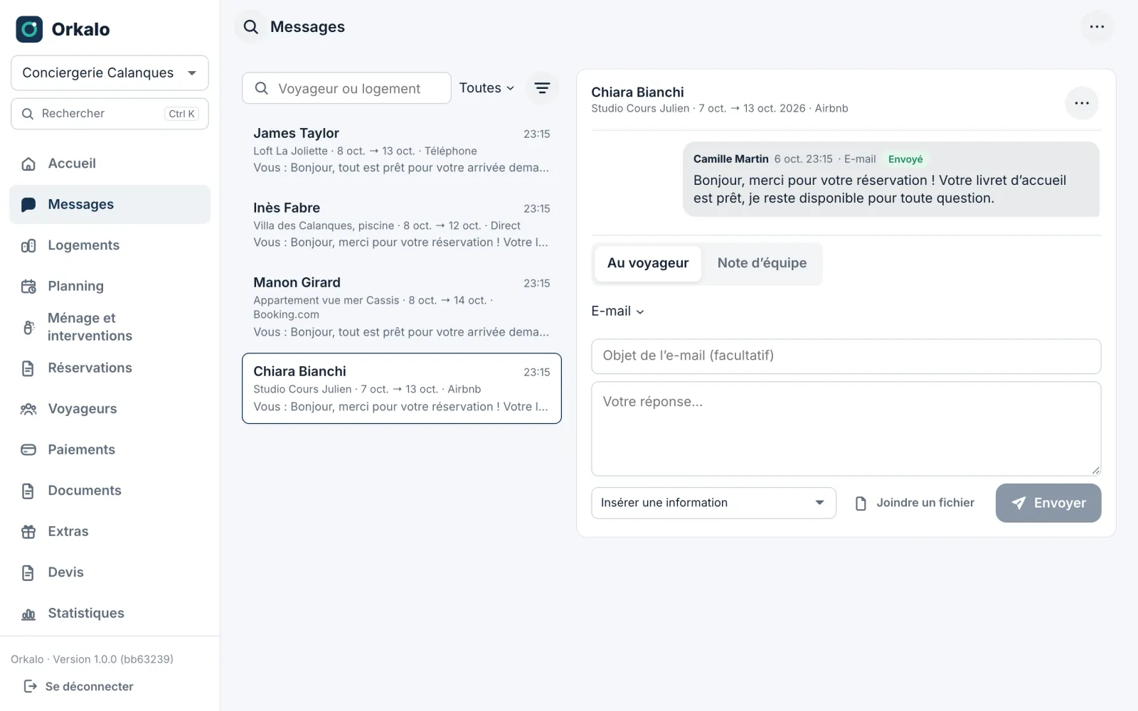 Messagerie Orkalo : conversations avec les voyageurs