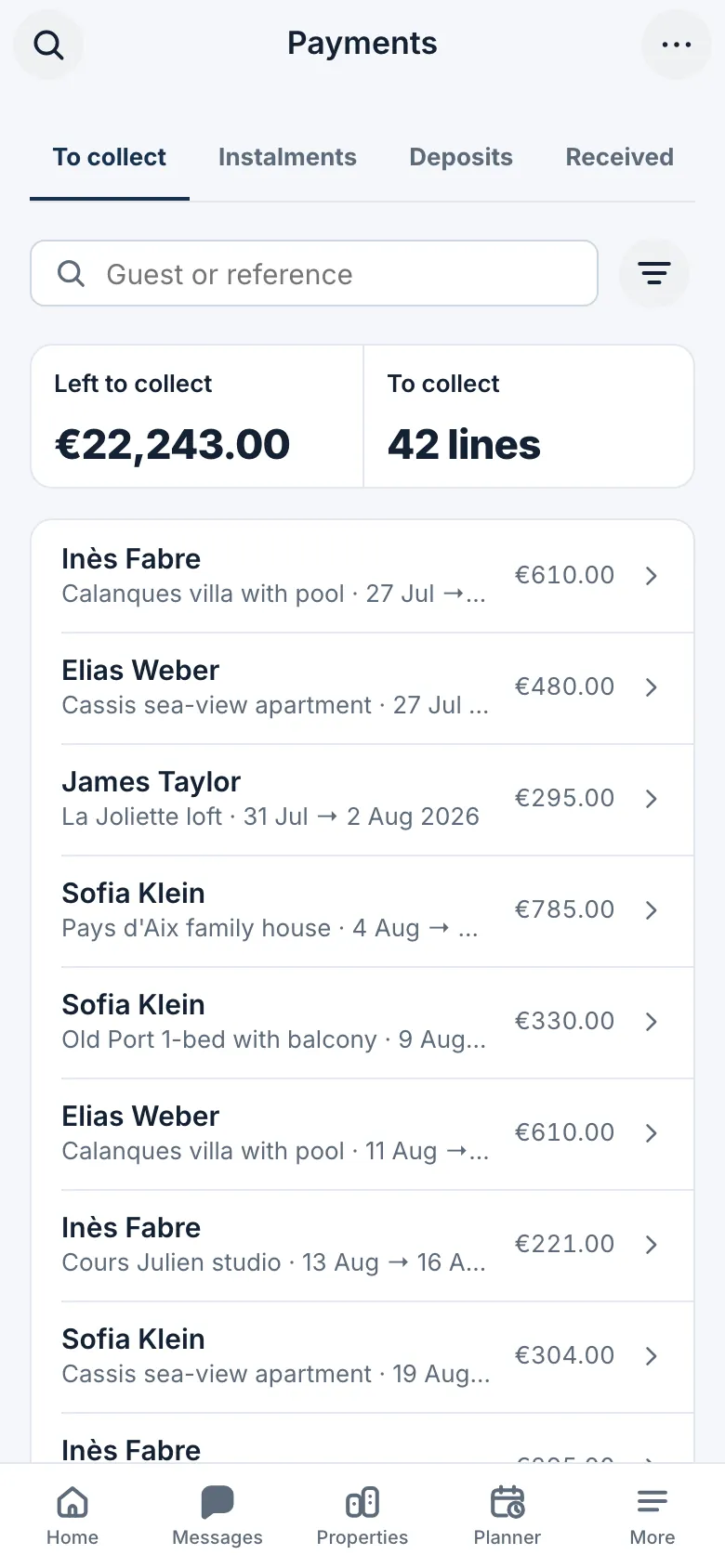 Payment tracking: amounts to collect per booking