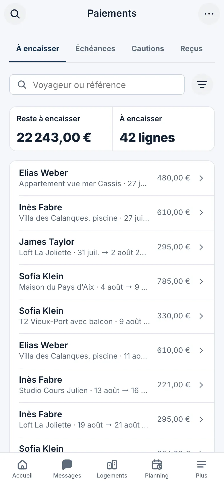 Suivi des paiements : montants à encaisser par réservation