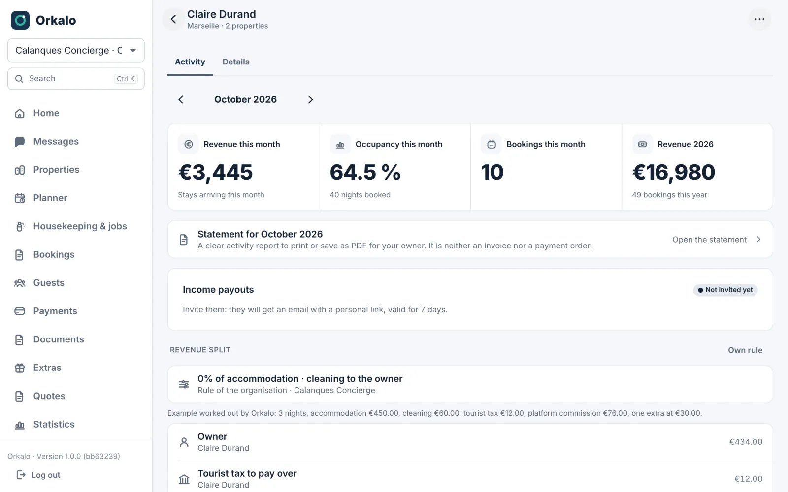 Owner page: monthly revenue, occupancy and monthly statement