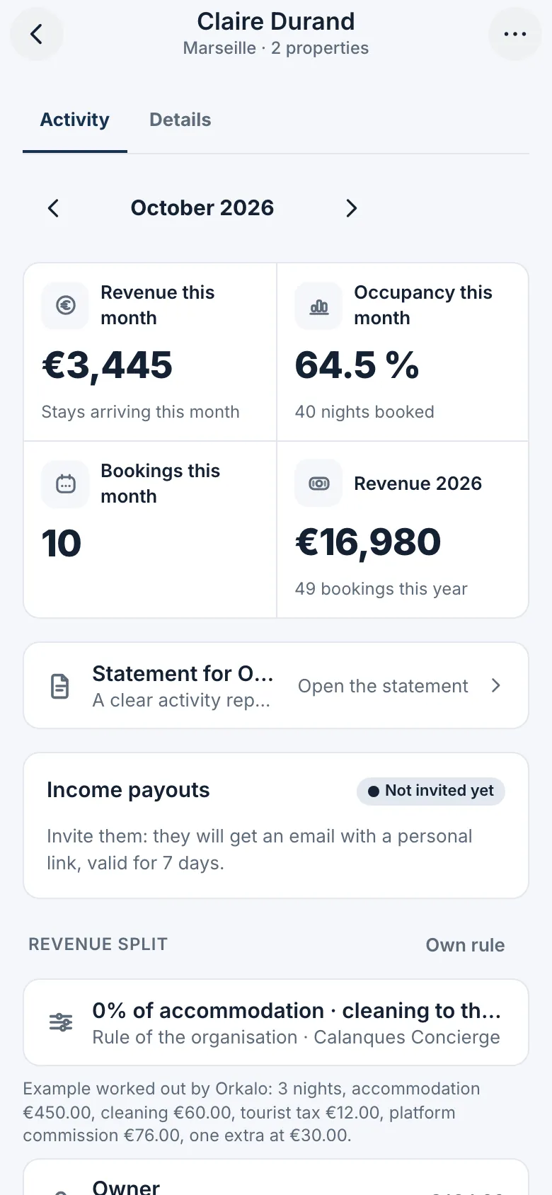 Owner page: monthly revenue, occupancy and monthly statement