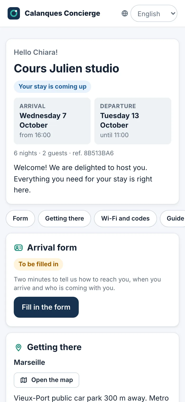 Guest page: stay dates, guidebook and check-in form