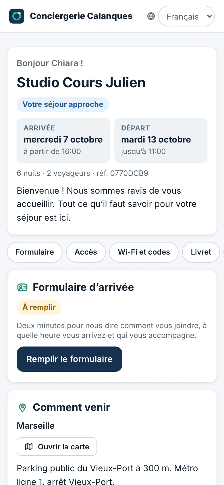 Page voyageur : dates du séjour, livret d’accueil et formulaire d’arrivée