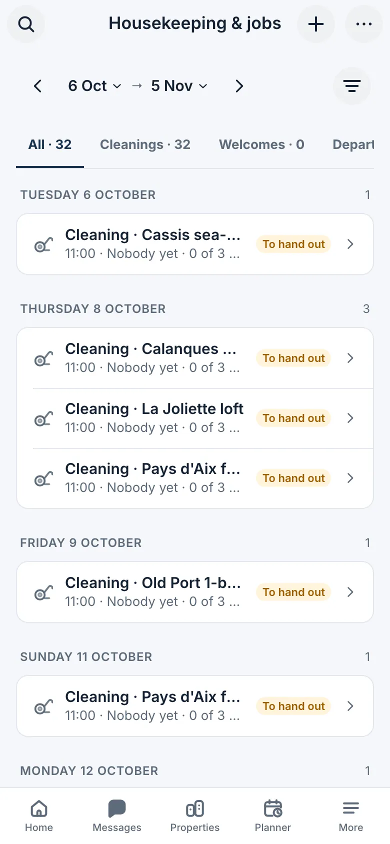 Upcoming cleaning jobs, by date