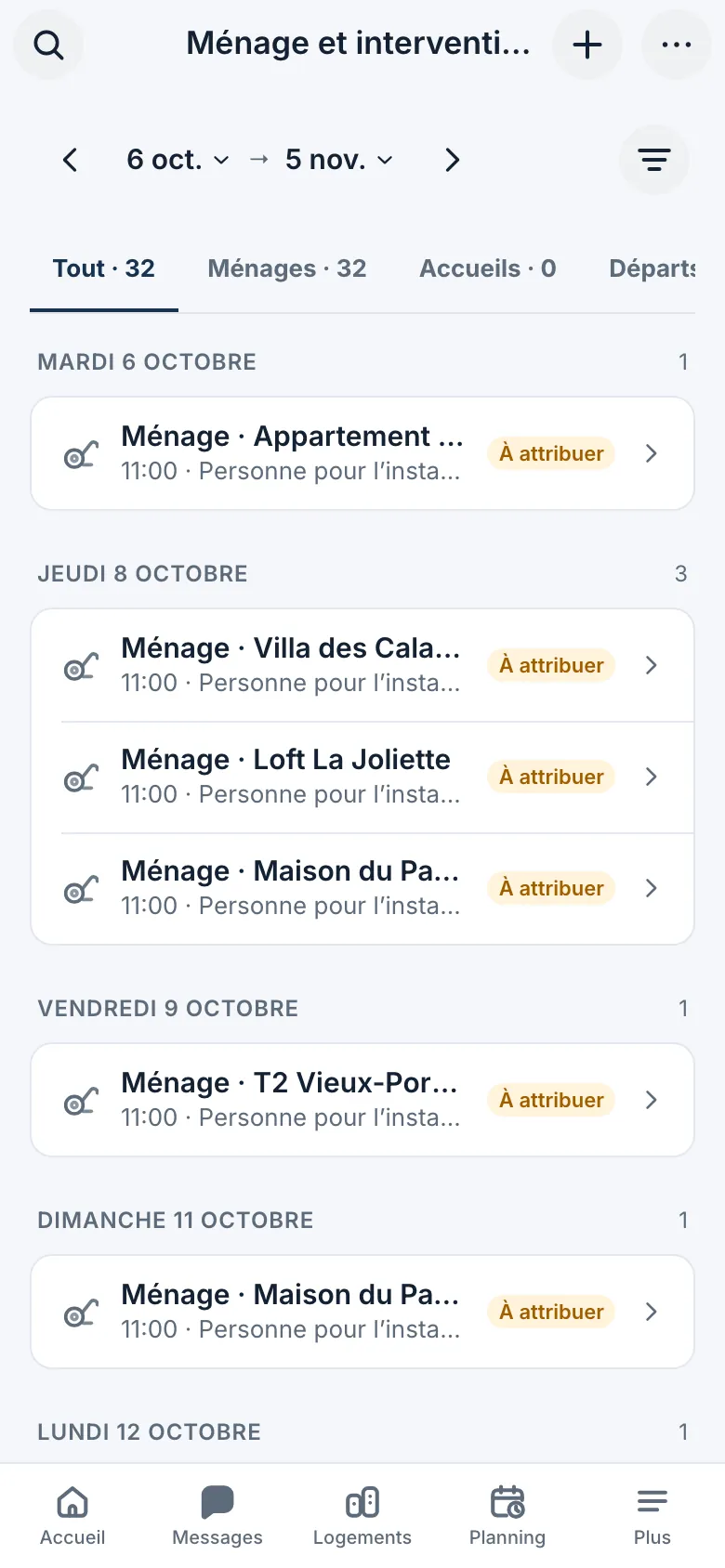 Liste des missions de ménage à venir, par date